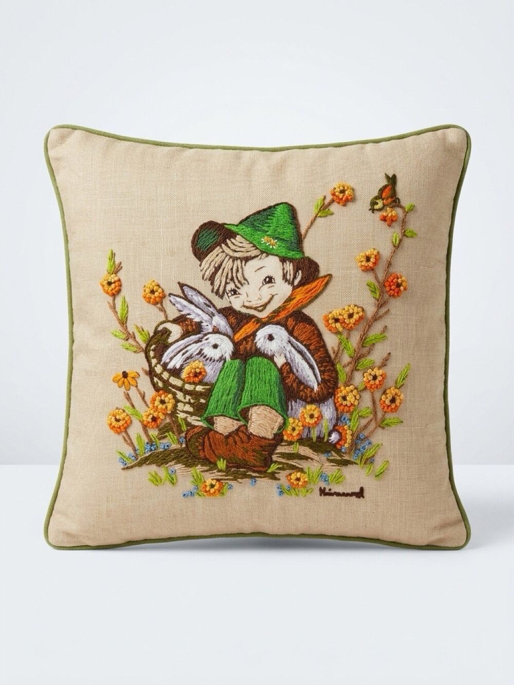 VTG MCM Hummel Novelty Needlepoint Decor Throw PillowCase Flowers Handmade 13x13